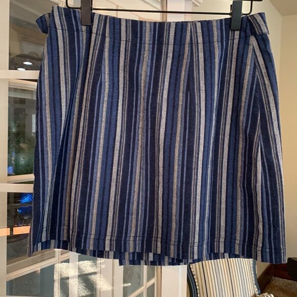 NWT Wrap Mini Skirt Navy Blue Tan Black Stripe Sz L - Picture 6 of 9